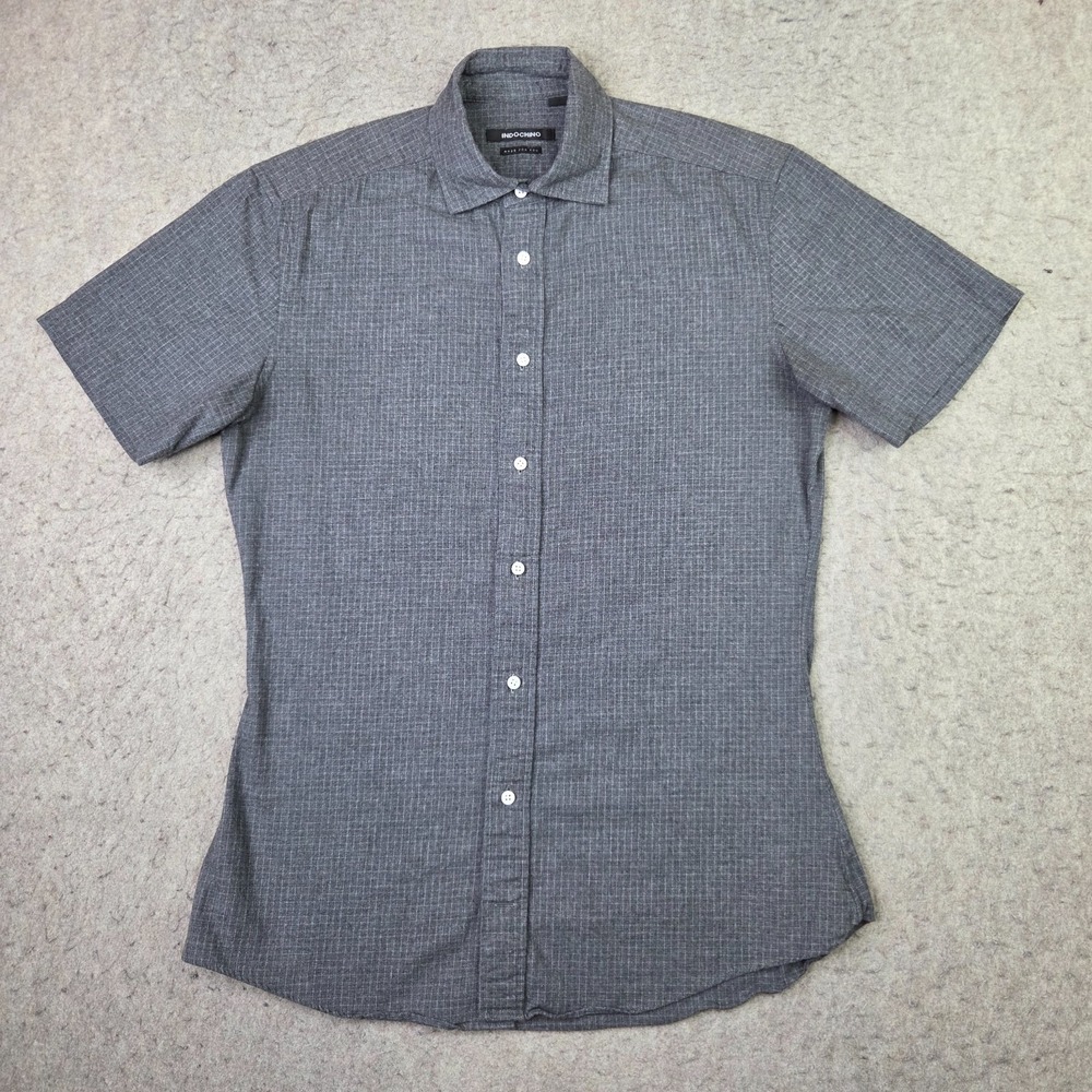 Indochino Shirt Mens Small Gray Plaid Button Up Short Sleeve Wool Blend Soft